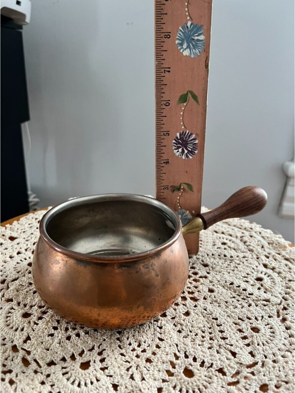 Vintage Copper Pot with Wooden Handle Rustic Farmhouse Kitchen Decor MCM